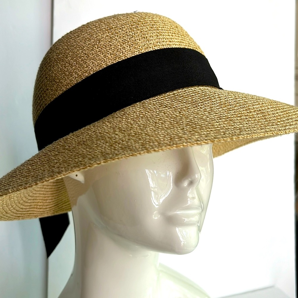 Wide Brim Straw Hat with Black Band Tan Sun Hat - Picture 2 of 10